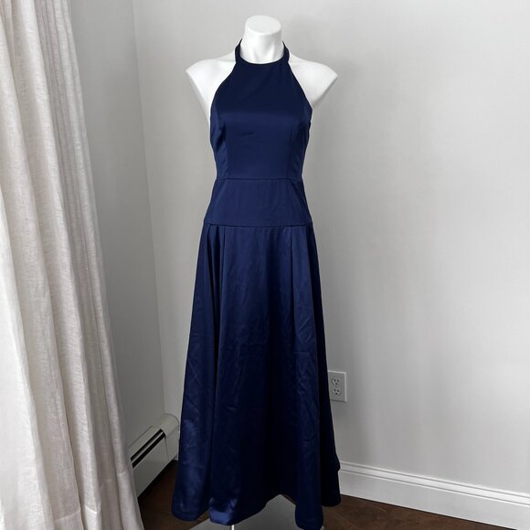 Reformation Lillyann Navy Satin Halter Dress - Picture 2 of 8